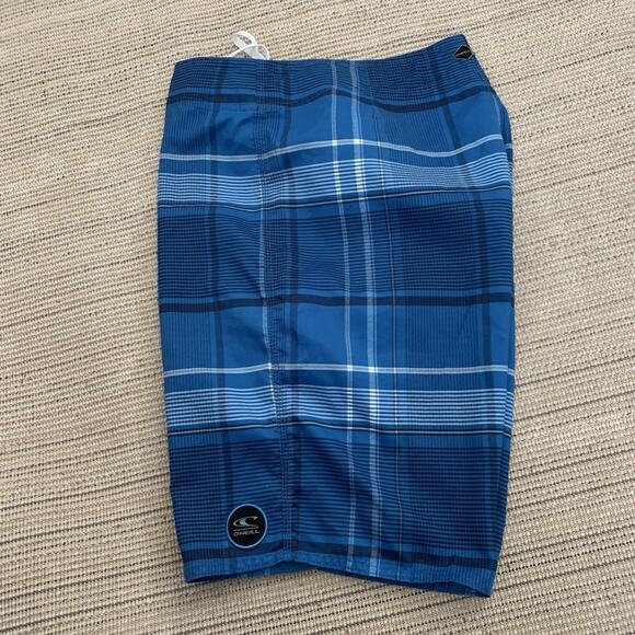O’Neill Shorts Mens 36 Blue White Plaid Board Swim Trunks Drawstring Cargo - Picture 5 of 6